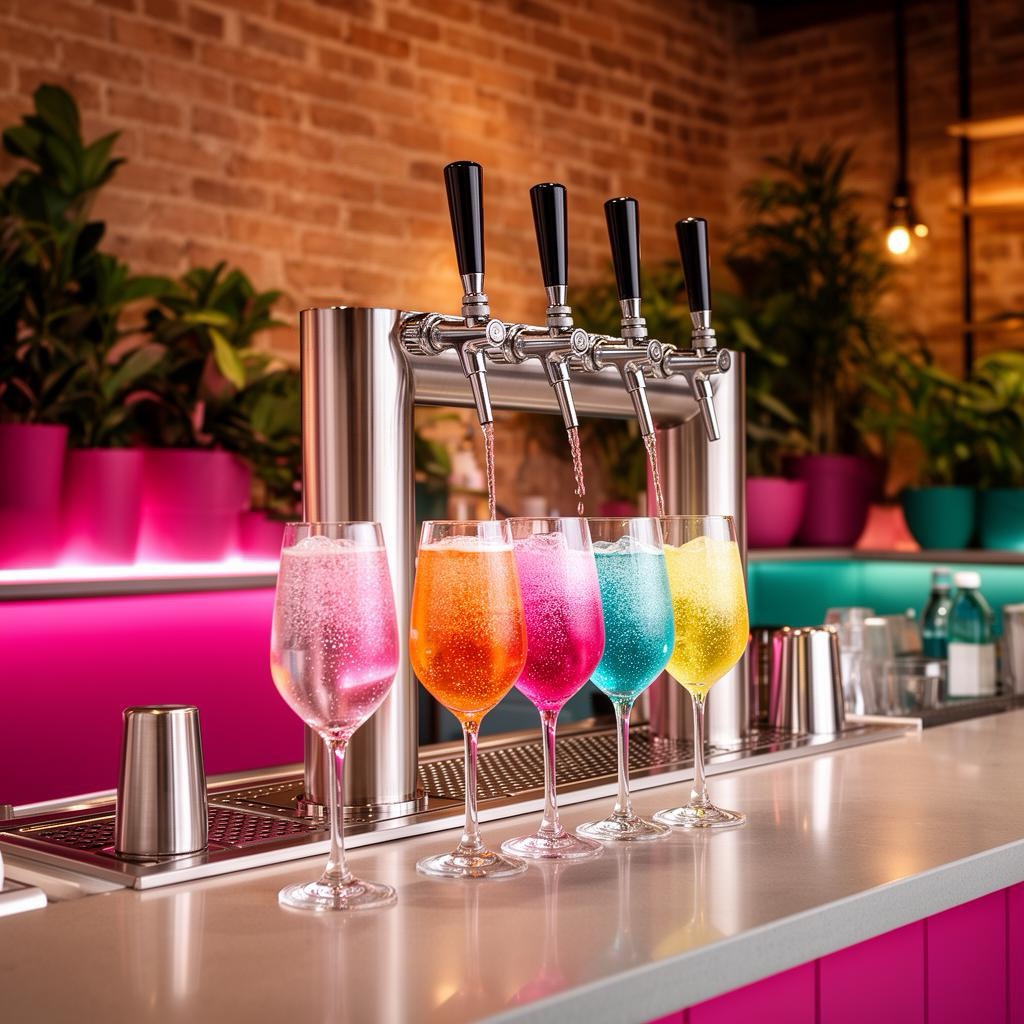 Colorful non-alcoholic beverages being poured from a tap system in a stylish bar