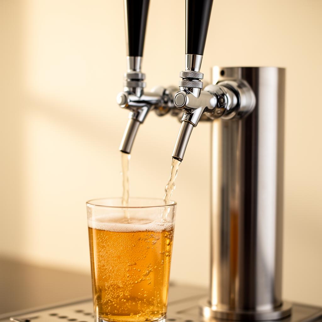 Two chrome draft tap handles pouring a sparkling non-alcoholic beverage into a glass