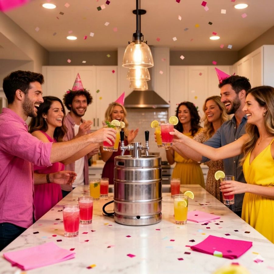Home kegerator pouring non-alcoholic sparkling tea and hop water at a backyard party