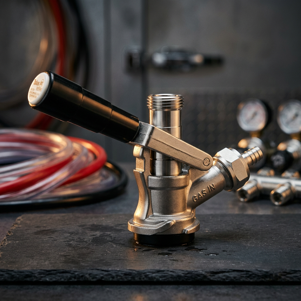 Sankey D coupler being attached to a stainless steel keg