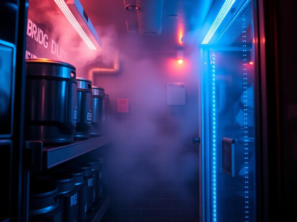 Walk-in cooler with kegs stored upright