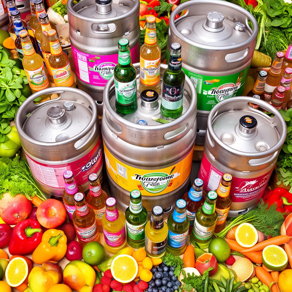 Variety of branded kegs and beverages