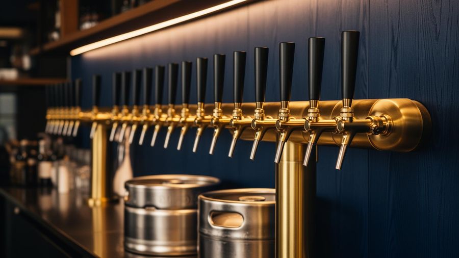 Row of brushed brass draft taps over stainless kegs in a modern bar