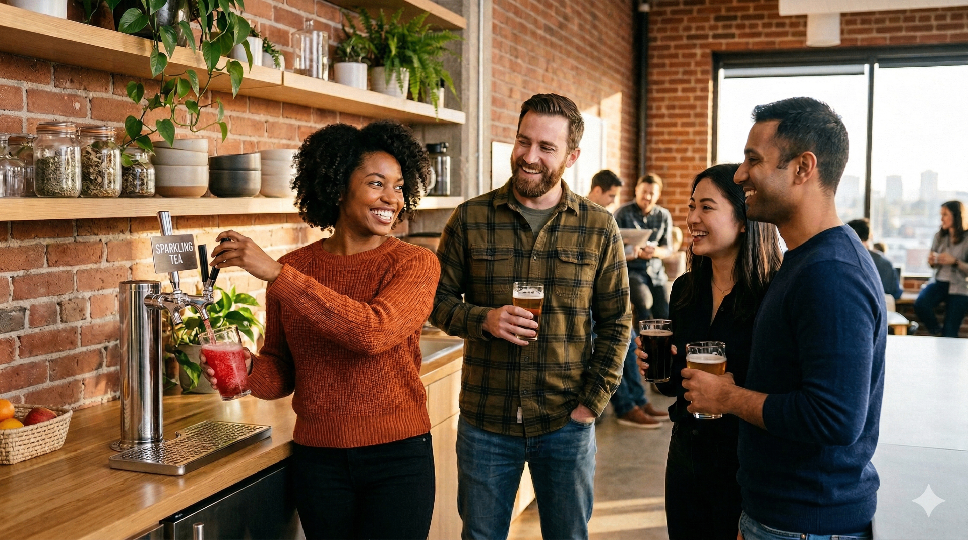 Modern office kitchen with kegerator and employees