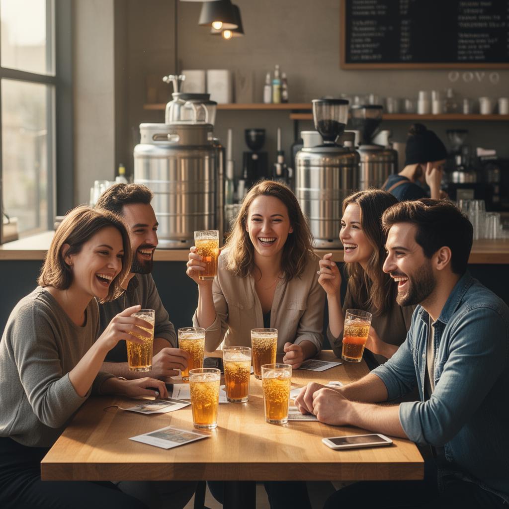 Team gathered around a table with sparkling beverages