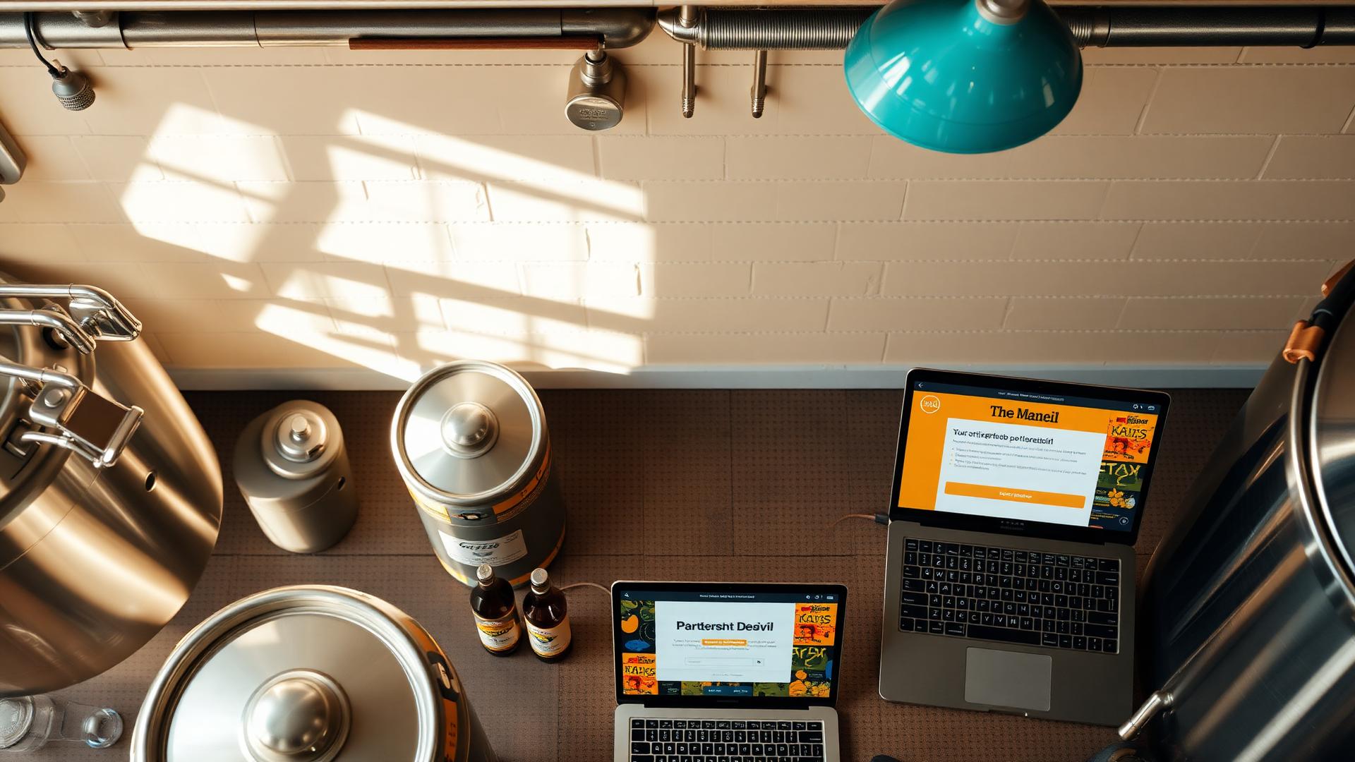 Brewery workspace with kegs and partnership materials