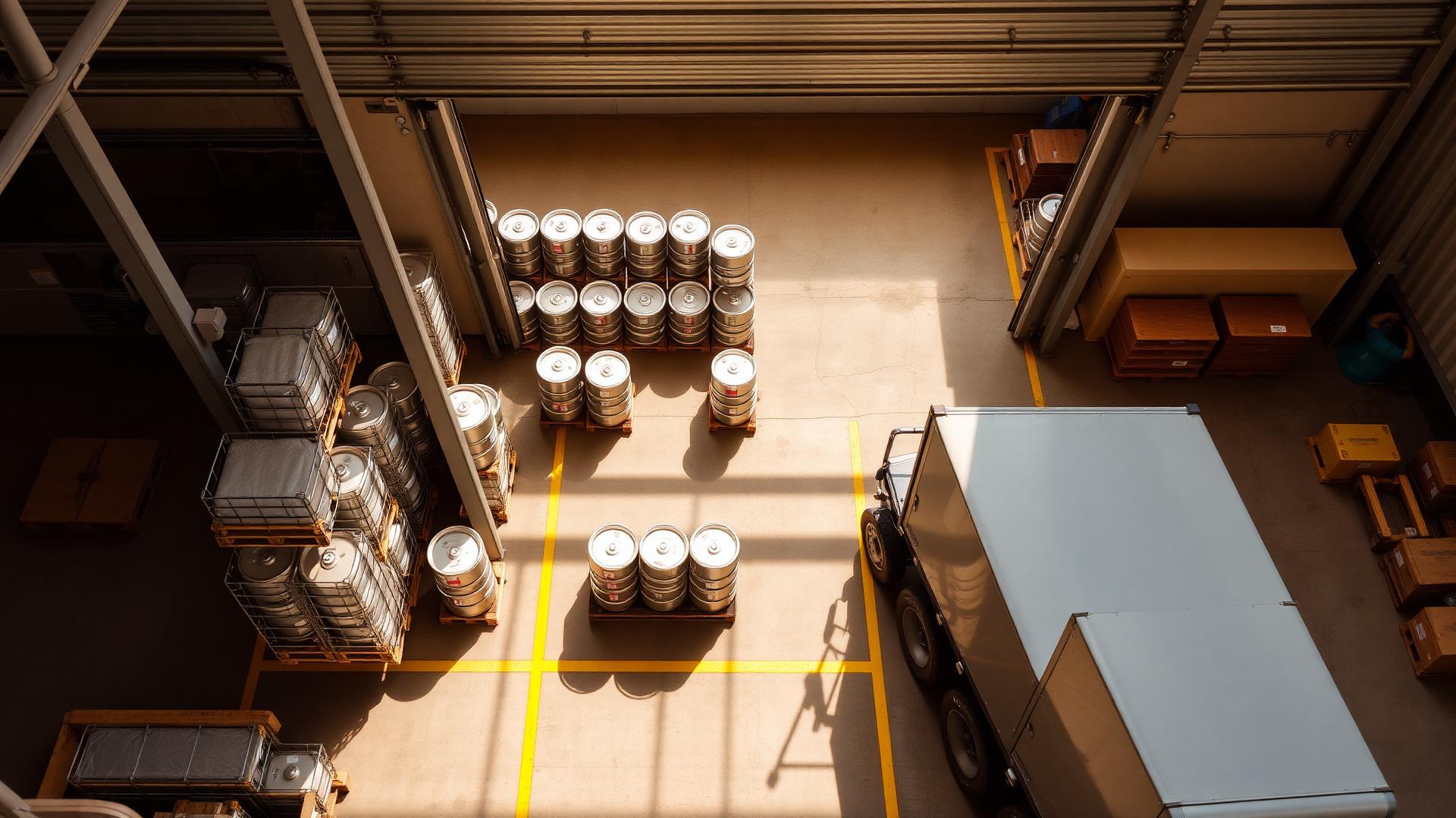 Warehouse shipping dock with kegs on pallets