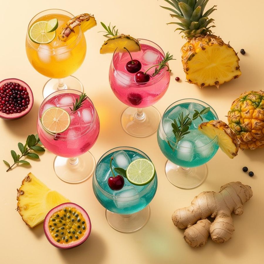 Zero-proof sparkling tea non-alcoholic keg beverages with fresh fruit garnish