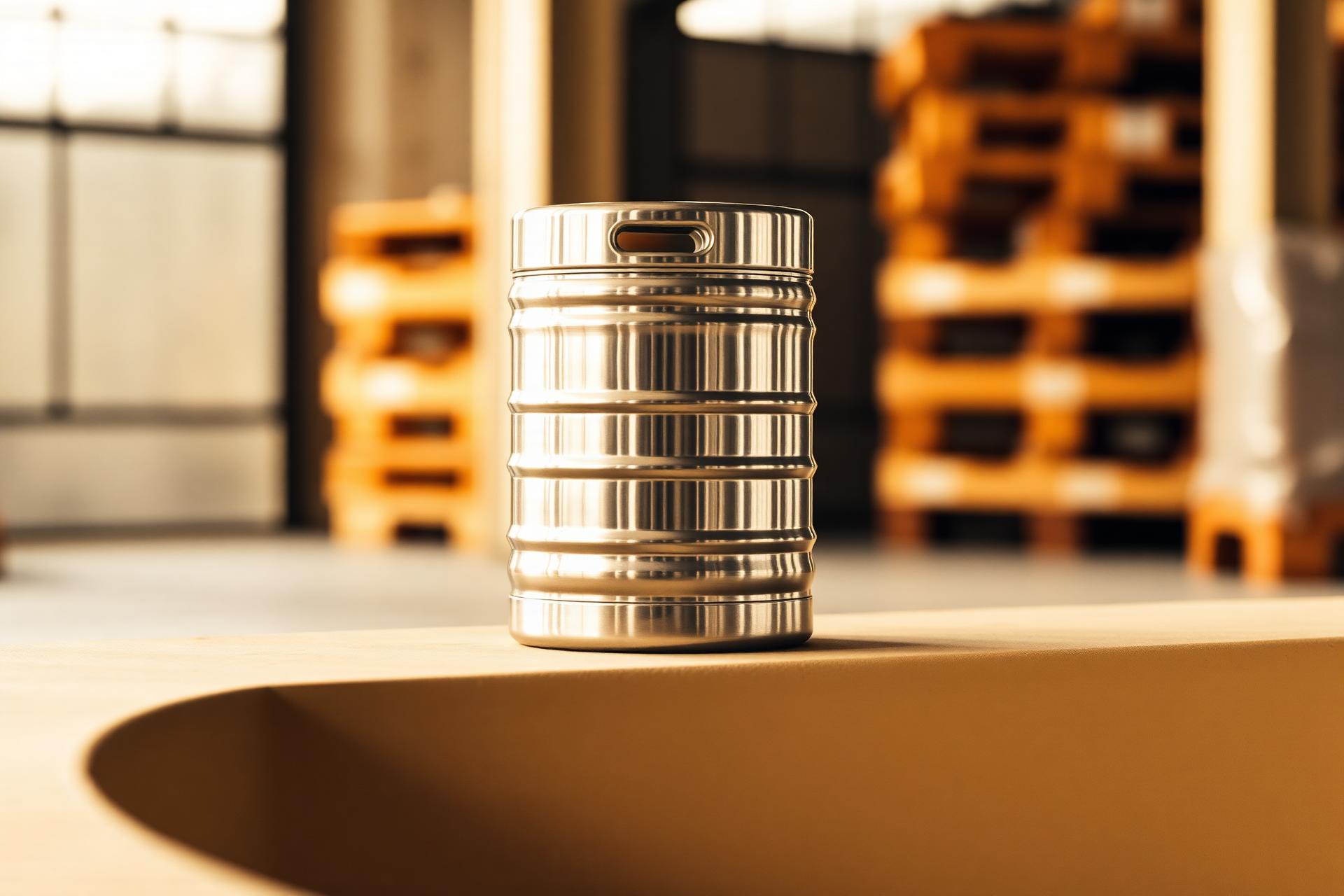 Stainless steel non-alcoholic keg in a sunlit warehouse with pallets