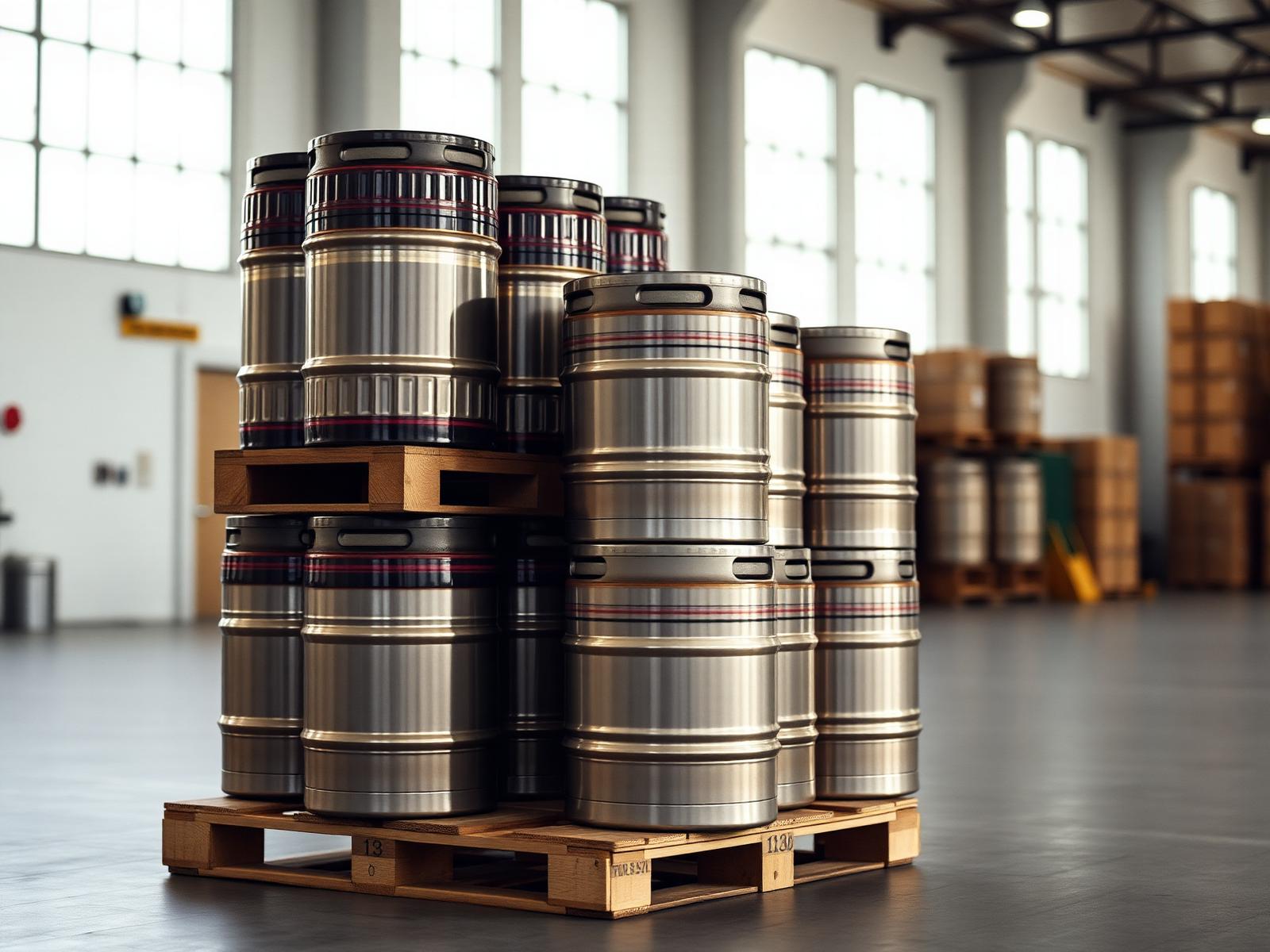 Stacked one-way kegs on a wooden pallet in a cold storage warehouse