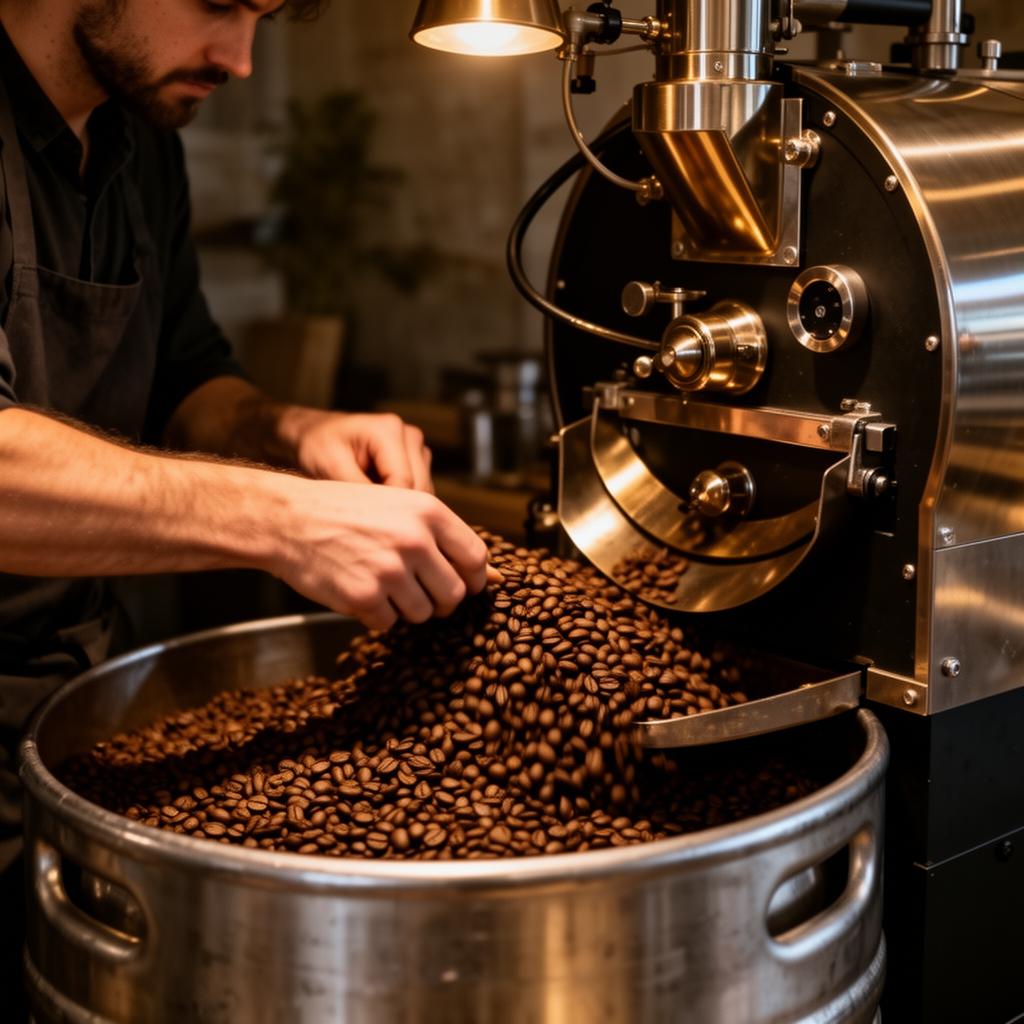 Coffee roaster working with beans and kegs